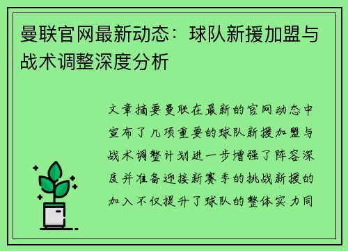 曼联官网最新动态：球队新援加盟与战术调整深度分析